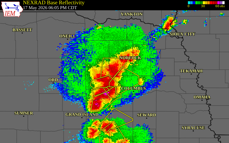 NEXRAD radar during the Sunday, May 17, 2026 storm activity in Madison County, Nebraska