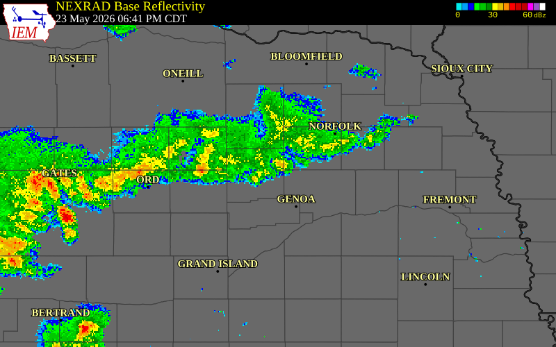 NEXRAD radar during the Saturday, May 23, 2026 storm activity in Madison County, Nebraska