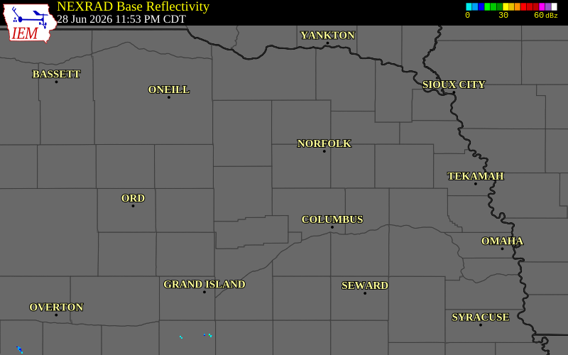 NEXRAD radar during the Sunday, June 28, 2026 storm activity in Madison County, Nebraska