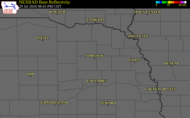 NEXRAD radar during the Wednesday, July 29, 2026 storm activity in Madison County, Nebraska