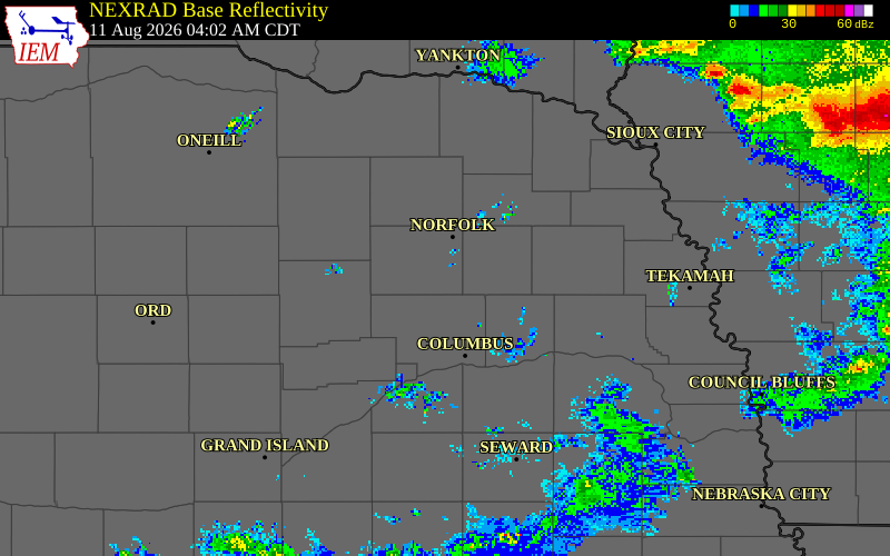 NEXRAD radar during the Tuesday, August 11, 2026 storm activity in Madison County, Nebraska