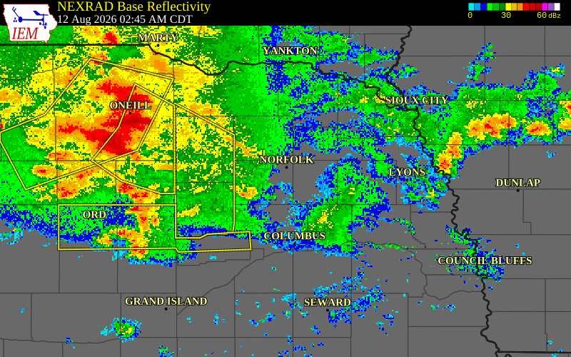 NEXRAD radar during the Wednesday, August 12, 2026 storm activity in Madison County, Nebraska
