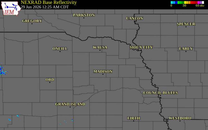 Radar snapshot during the Jun 29, 2026 wind event near 2 SE Hadar, Madison County, Nebraska, with NWS warning polygons