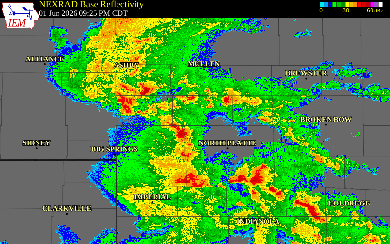 NEXRAD radar during the Monday, June 1, 2026 storm activity in McPherson County, Nebraska