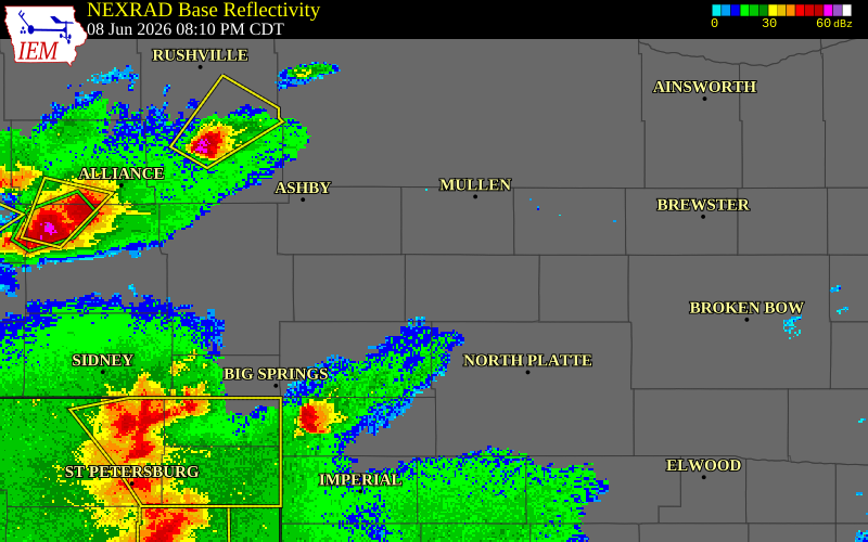 NEXRAD radar during the Monday, June 8, 2026 storm activity in McPherson County, Nebraska