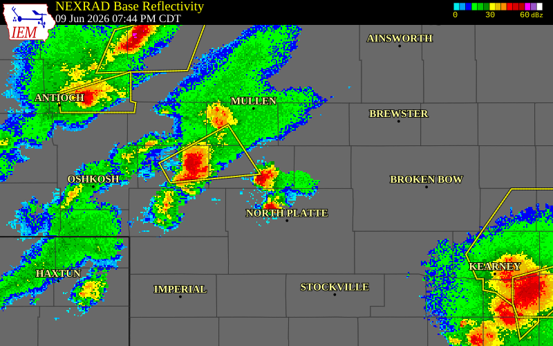NEXRAD radar during the Tuesday, June 9, 2026 storm activity in McPherson County, Nebraska