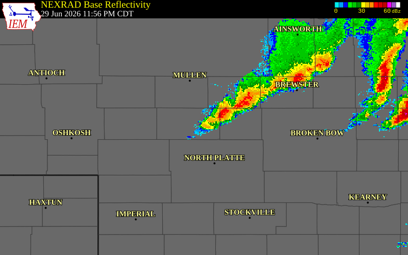 NEXRAD radar during the Monday, June 29, 2026 storm activity in McPherson County, Nebraska