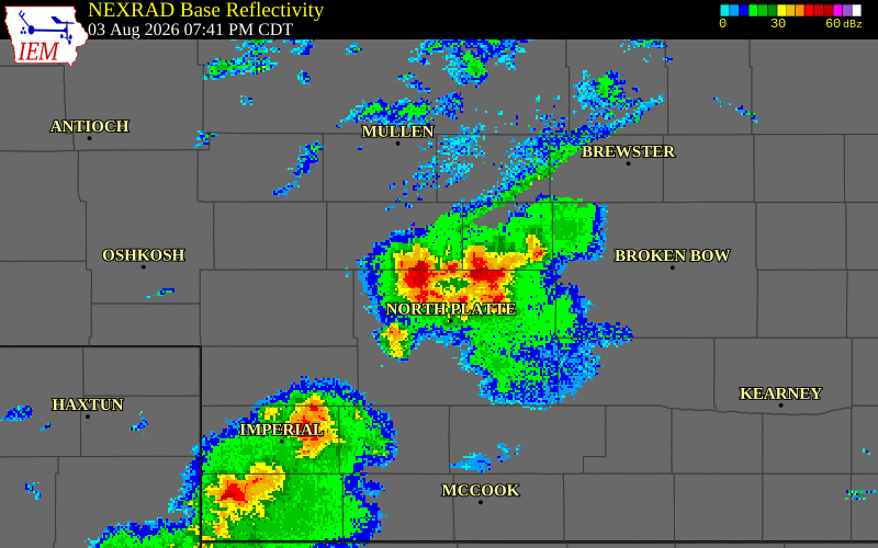 NEXRAD radar during the Monday, August 3, 2026 storm activity in McPherson County, Nebraska