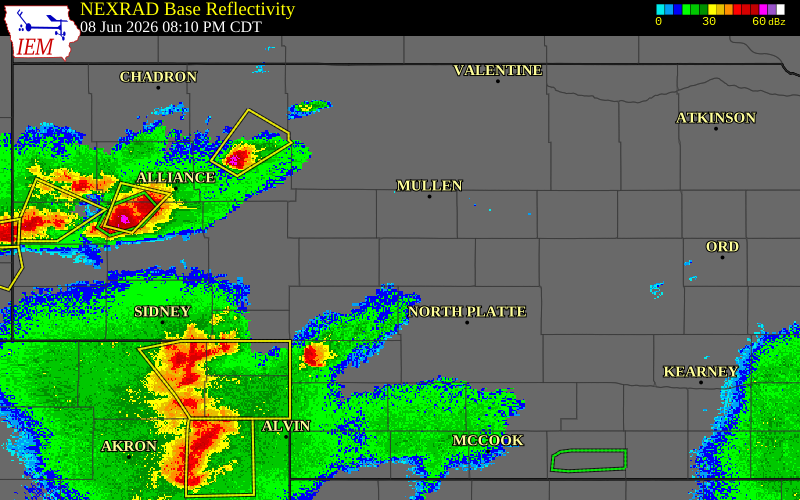 Radar snapshot during the Jun 8, 2026 hail event near 18 WNW Tryon, McPherson County, Nebraska, with NWS warning polygons
