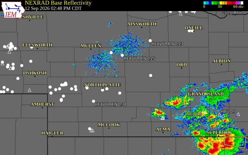 Current NEXRAD radar over McPherson County, Nebraska with recent storm report locations