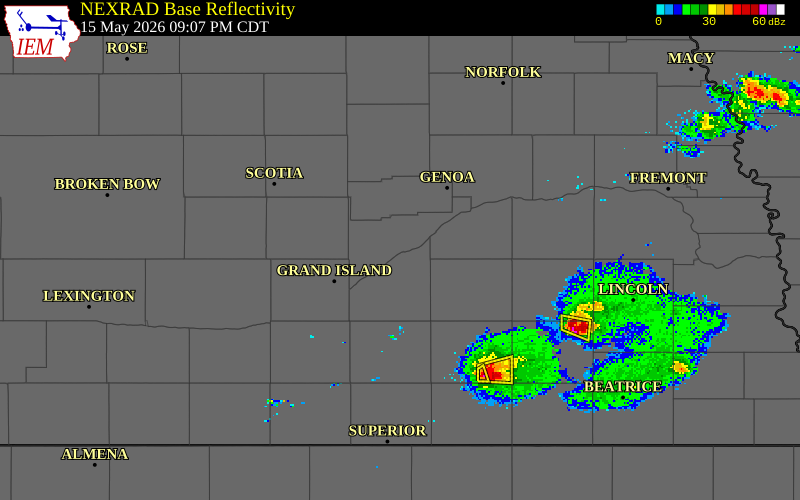 NEXRAD radar during the Friday, May 15, 2026 storm activity in Merrick County, Nebraska