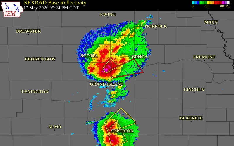 NEXRAD radar during the Sunday, May 17, 2026 storm activity in Merrick County, Nebraska