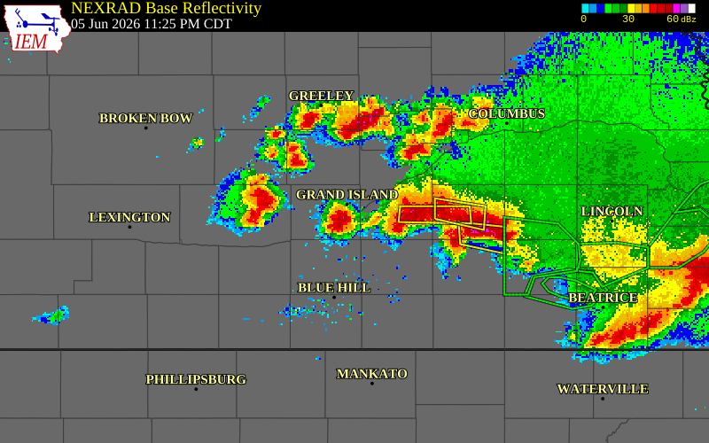 NEXRAD radar during the Friday, June 5, 2026 storm activity in Merrick County, Nebraska