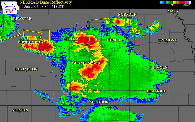 NEXRAD radar during the Tuesday, June 9, 2026 storm activity in Merrick County, Nebraska
