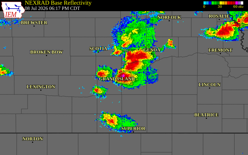 NEXRAD radar during the Wednesday, July 8, 2026 storm activity in Merrick County, Nebraska