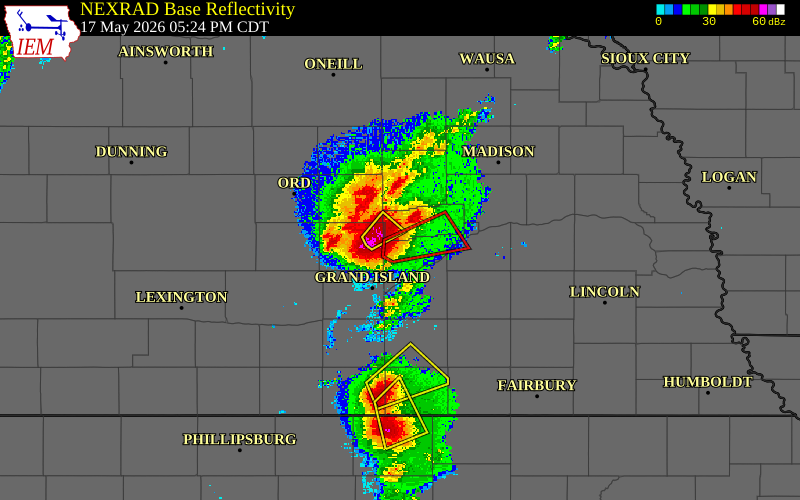 Radar snapshot during the May 17, 2026 tornado event near 3 NW Archer, Merrick County, Nebraska, with NWS warning polygons