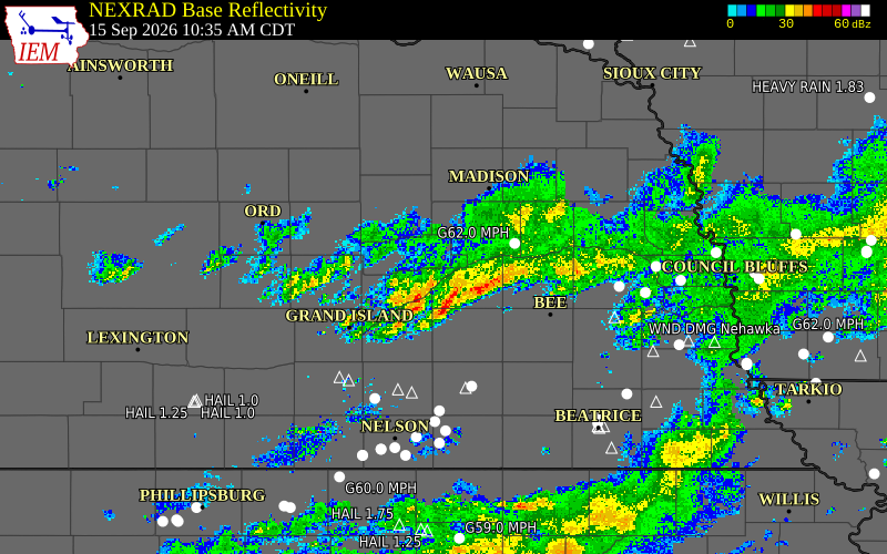 Current NEXRAD radar over Merrick County, Nebraska with recent storm report locations