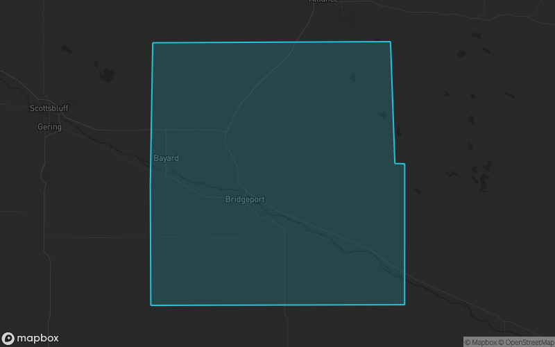 Map of Morrill County, Nebraska showing the county boundary and surrounding cities