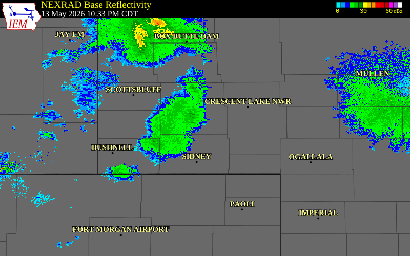 NEXRAD radar during the Wednesday, May 13, 2026 storm activity in Morrill County, Nebraska