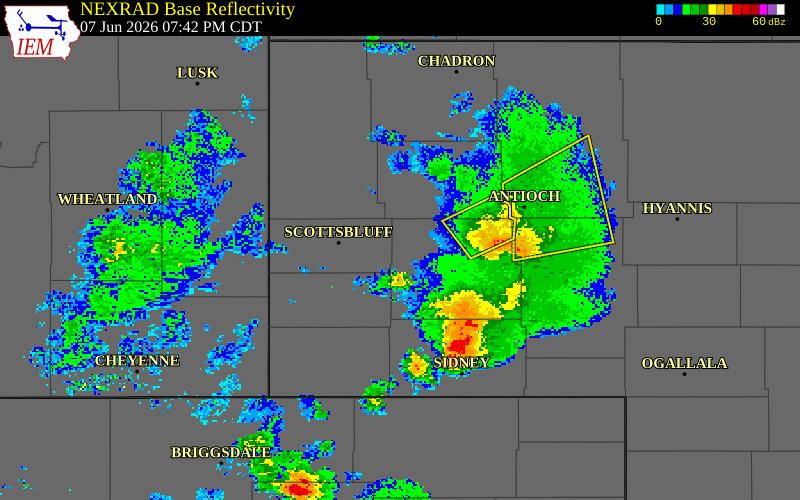 NEXRAD radar during the Sunday, June 7, 2026 storm activity in Morrill County, Nebraska