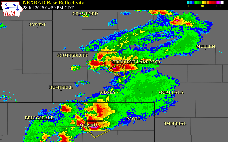NEXRAD radar during the Tuesday, July 28, 2026 storm activity in Morrill County, Nebraska