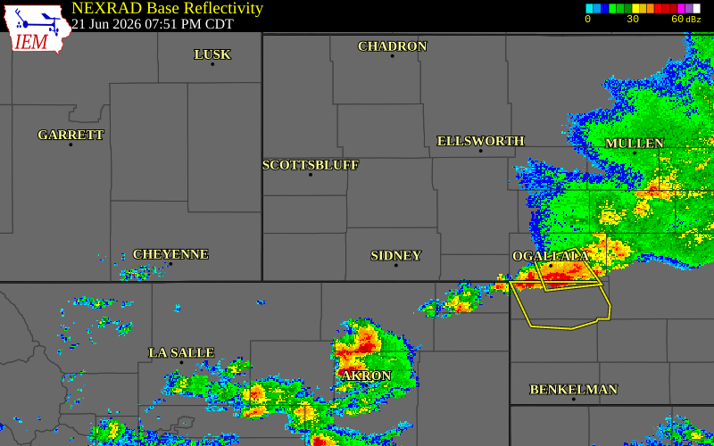 Radar snapshot during the Jun 21, 2026 hail event near 8 S Redington, Morrill County, Nebraska, with NWS warning polygons