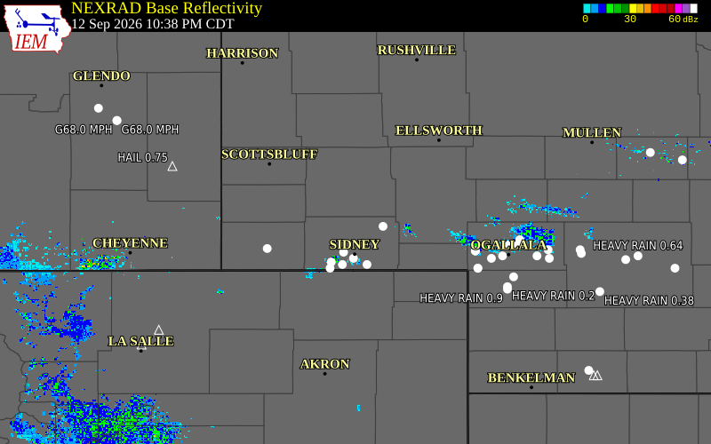 Current NEXRAD radar over Morrill County, Nebraska with recent storm report locations