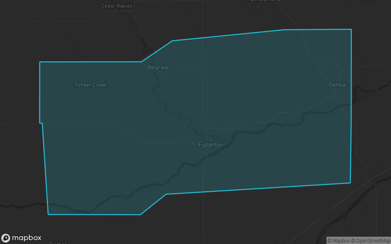 Map of Nance County, Nebraska showing the county boundary and surrounding cities