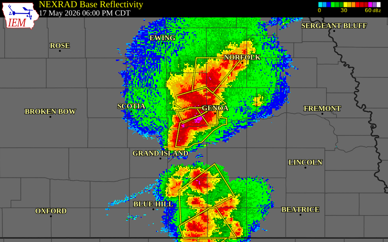 NEXRAD radar during the Sunday, May 17, 2026 storm activity in Nance County, Nebraska