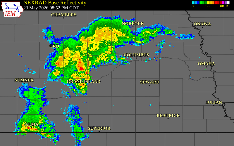 NEXRAD radar during the Saturday, May 23, 2026 storm activity in Nance County, Nebraska