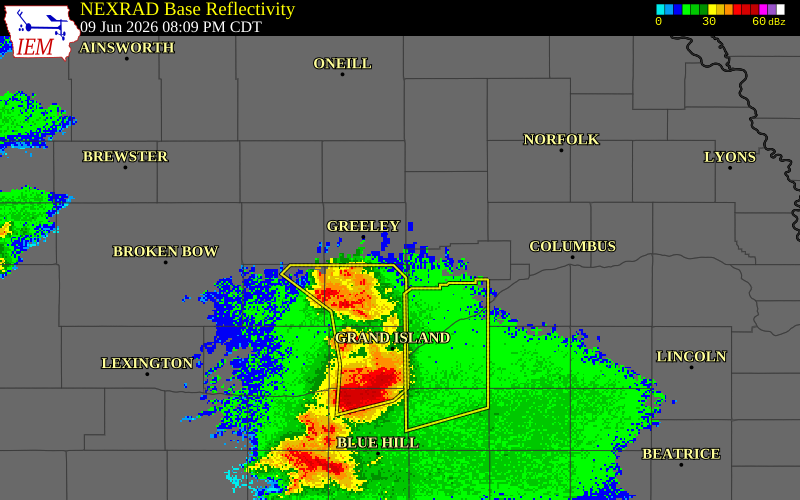 NEXRAD radar during the Tuesday, June 9, 2026 storm activity in Nance County, Nebraska
