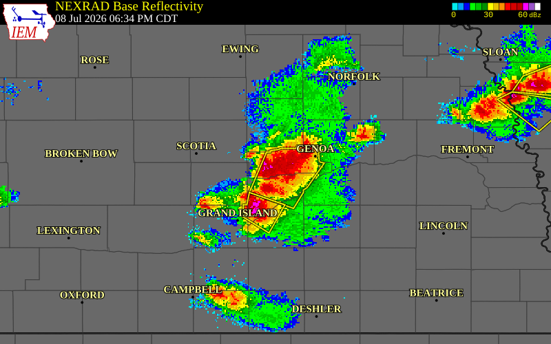 NEXRAD radar during the Wednesday, July 8, 2026 storm activity in Nance County, Nebraska
