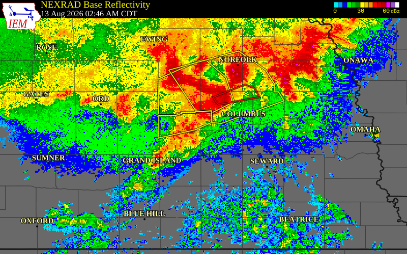 NEXRAD radar during the Thursday, August 13, 2026 storm activity in Nance County, Nebraska