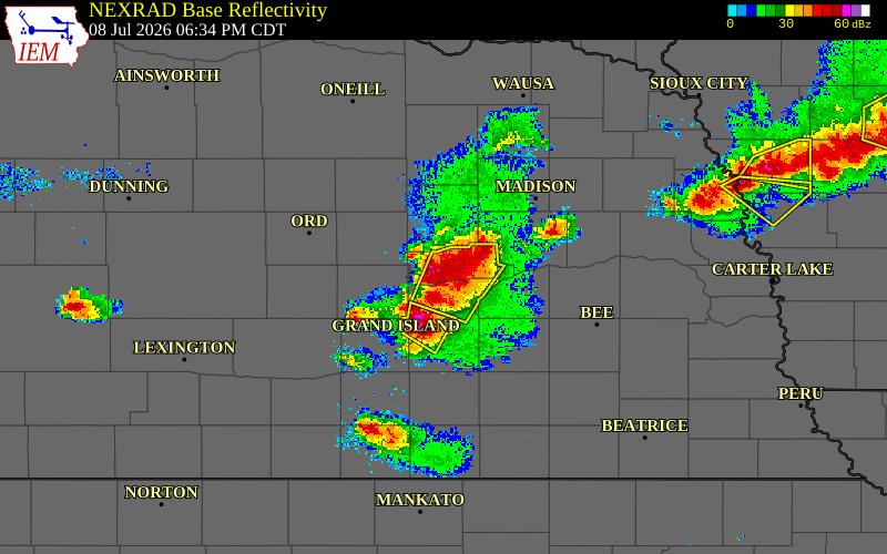 Radar snapshot during the Jul 8, 2026 hail event near 5 WSW Fullerton, Nance County, Nebraska, with NWS warning polygons