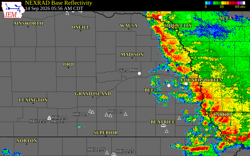 Current NEXRAD radar over Nance County, Nebraska with recent storm report locations