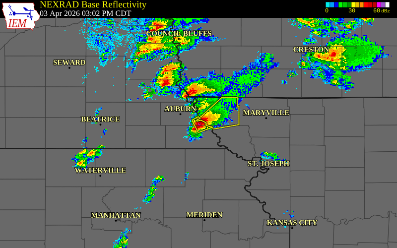 NEXRAD radar during the Friday, April 3, 2026 storm activity in Nemaha County, Nebraska