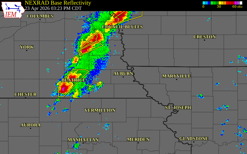 NEXRAD radar during the Thursday, April 23, 2026 storm activity in Nemaha County, Nebraska