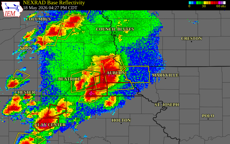 NEXRAD radar during the Monday, May 18, 2026 storm activity in Nemaha County, Nebraska