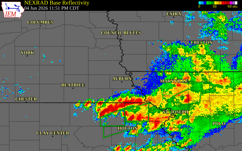 NEXRAD radar during the Thursday, June 4, 2026 storm activity in Nemaha County, Nebraska