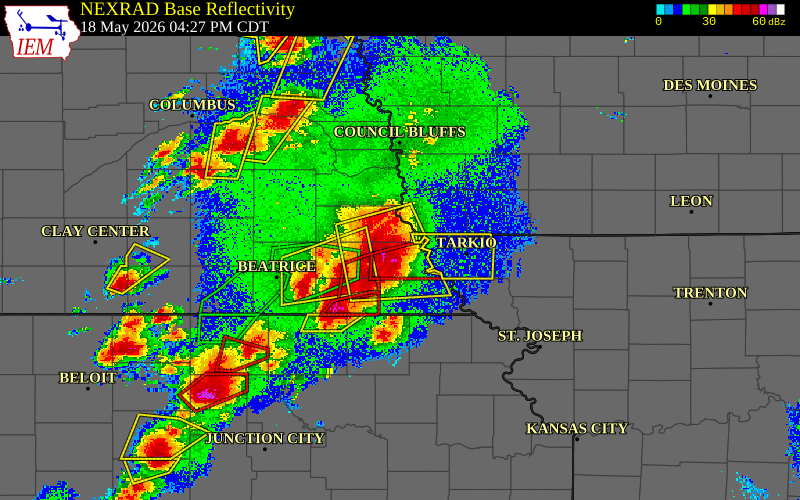 Radar snapshot during the May 18, 2026 tornado event near 3 S Julian, Nemaha County, Nebraska, with NWS warning polygons