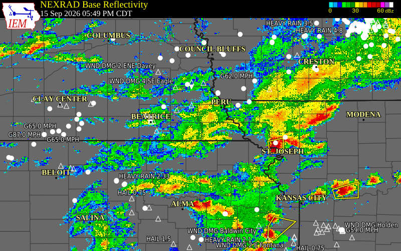 Current NEXRAD radar over Nemaha County, Nebraska with recent storm report locations