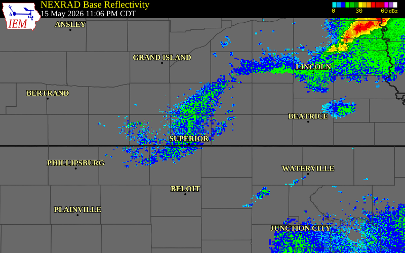 NEXRAD radar during the Friday, May 15, 2026 storm activity in Nuckolls County, Nebraska
