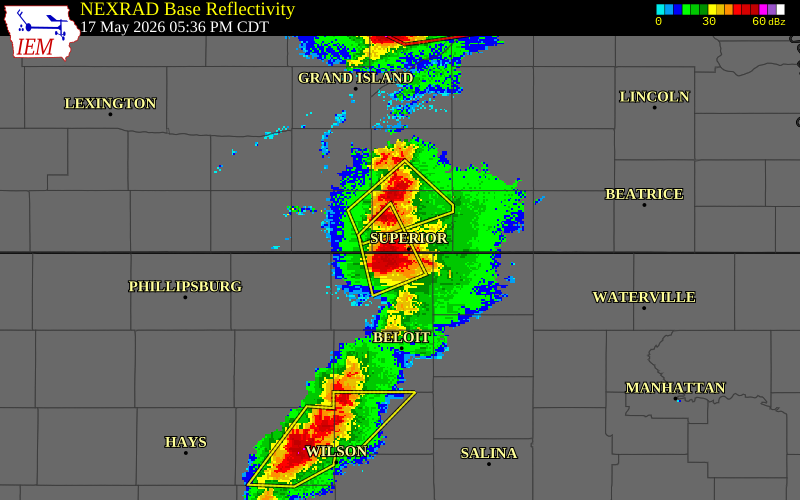 NEXRAD radar during the Sunday, May 17, 2026 storm activity in Nuckolls County, Nebraska