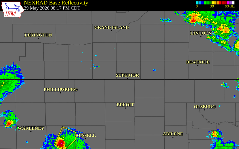 NEXRAD radar during the Friday, May 29, 2026 storm activity in Nuckolls County, Nebraska