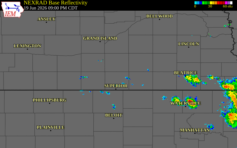 NEXRAD radar during the Friday, June 19, 2026 storm activity in Nuckolls County, Nebraska