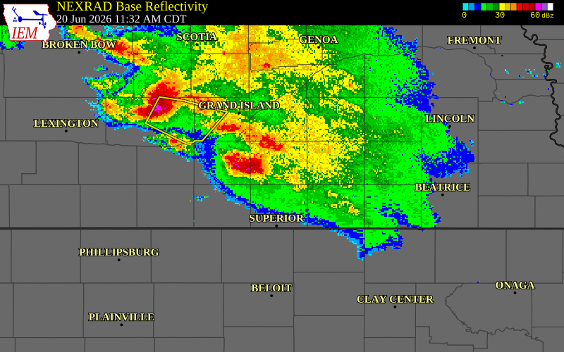NEXRAD radar during the Saturday, June 20, 2026 storm activity in Nuckolls County, Nebraska