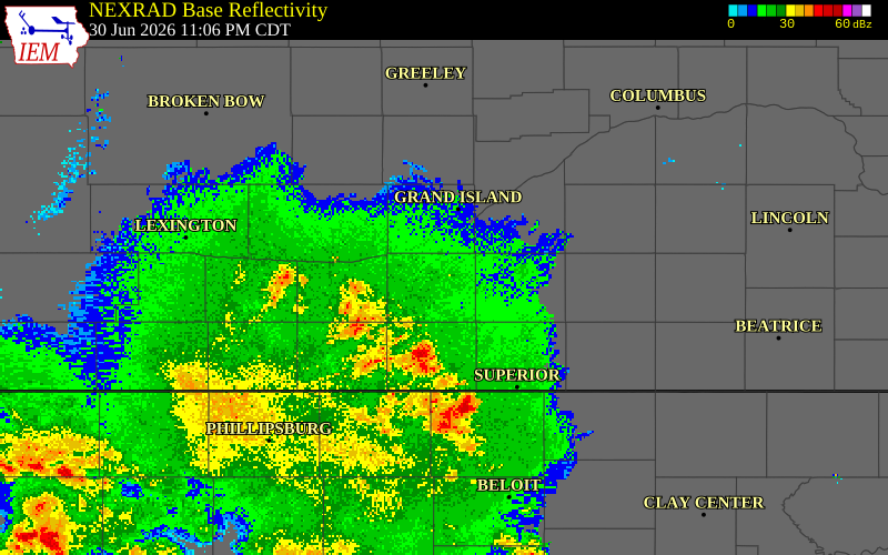 NEXRAD radar during the Tuesday, June 30, 2026 storm activity in Nuckolls County, Nebraska