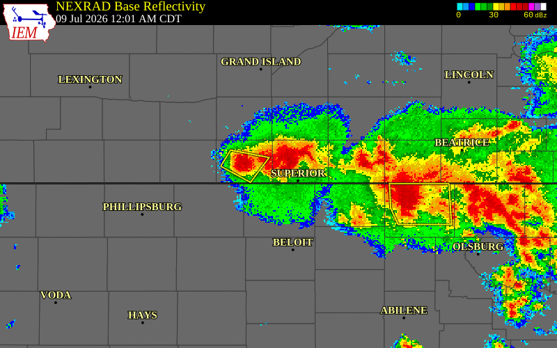 NEXRAD radar during the Thursday, July 9, 2026 storm activity in Nuckolls County, Nebraska