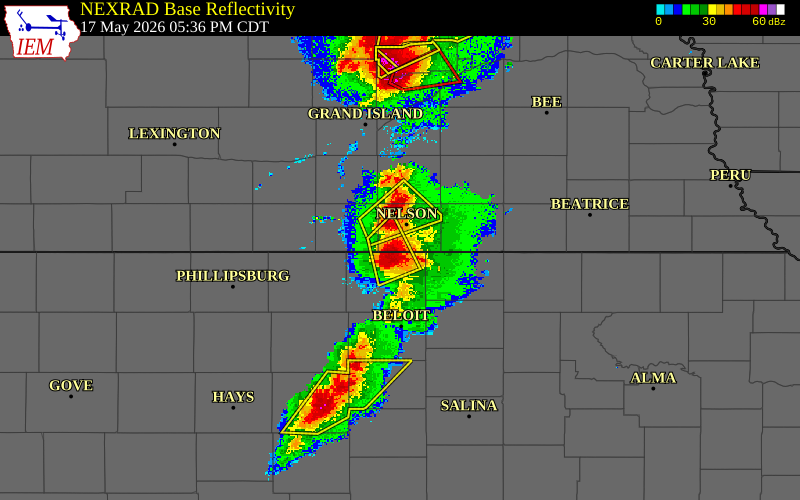Radar snapshot during the May 17, 2026 hail event near 2 W Superior, Nuckolls County, Nebraska, with NWS warning polygons