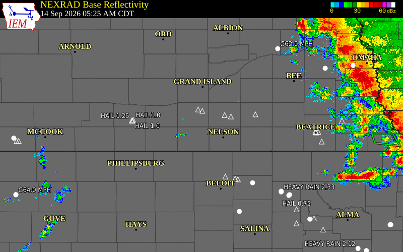Current NEXRAD radar over Nuckolls County, Nebraska with recent storm report locations